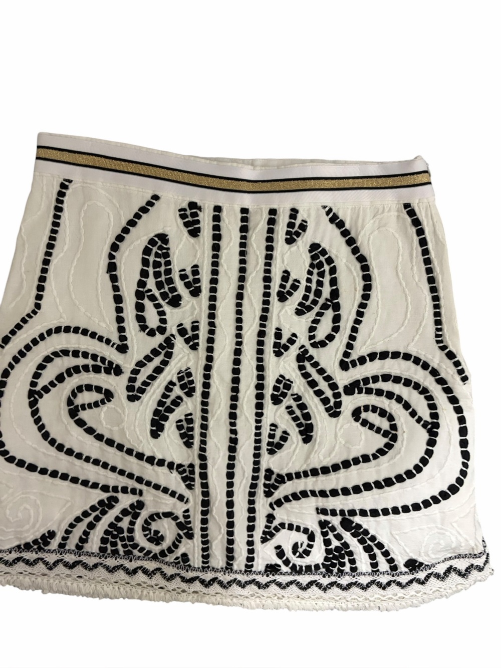 Tribal White Skirt with Black Embroidered Motif and Gold Trim